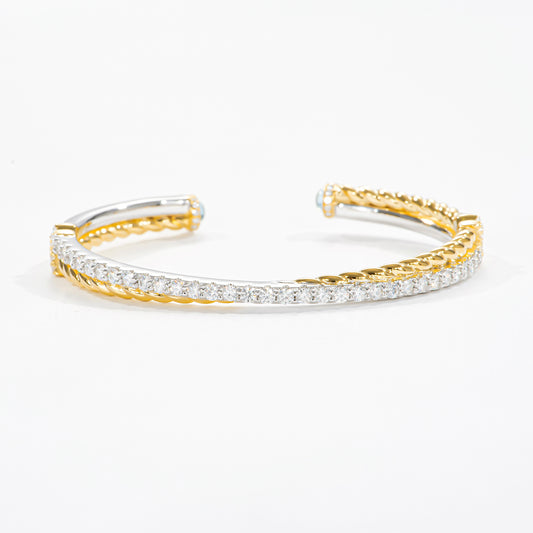 22K Yellow Gold Plated Sliver And Sapphire Cable Crossover Open Bracelet