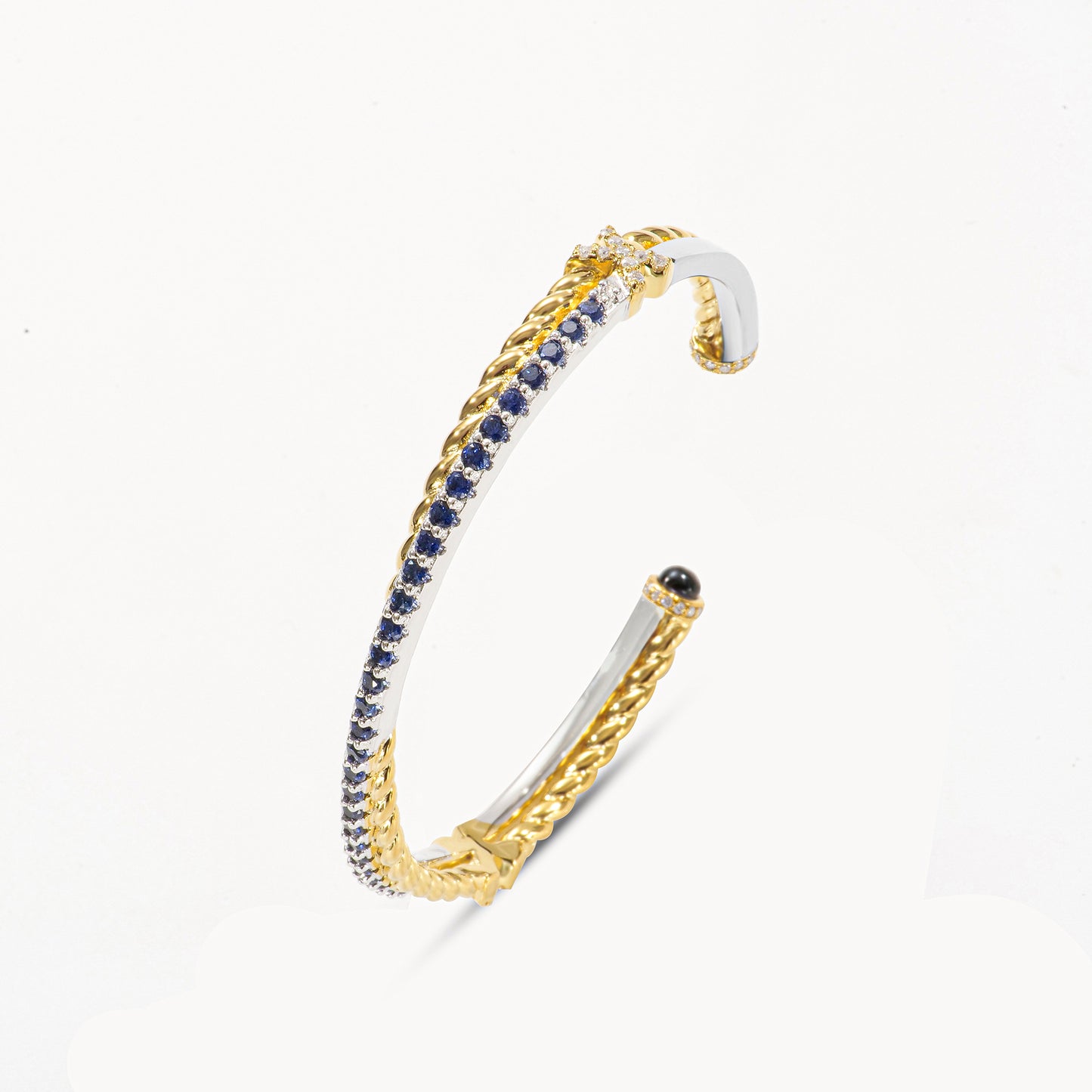 22K Yellow Gold Plated Sliver And Sapphire Cable Crossover Open Bracelet