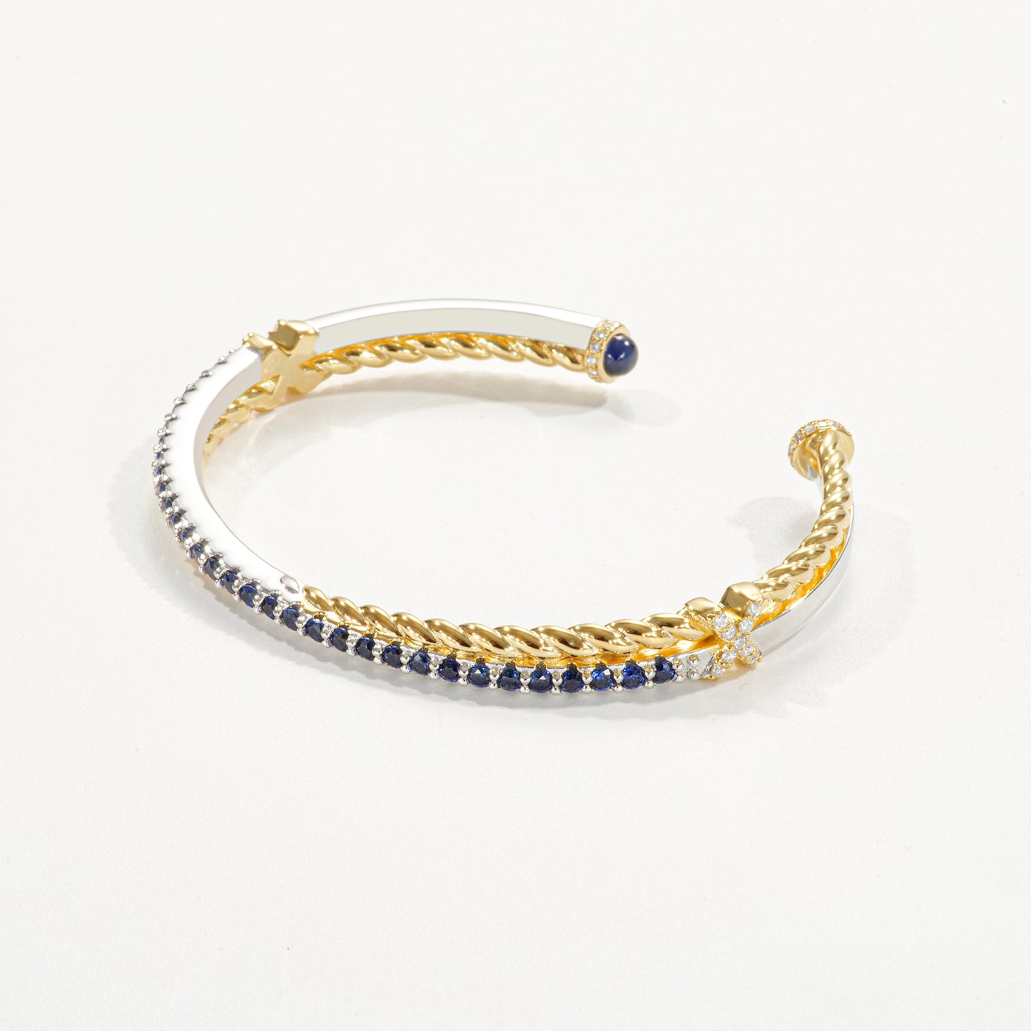 22K Yellow Gold Plated Sliver And Sapphire Cable Crossover Open Bracelet