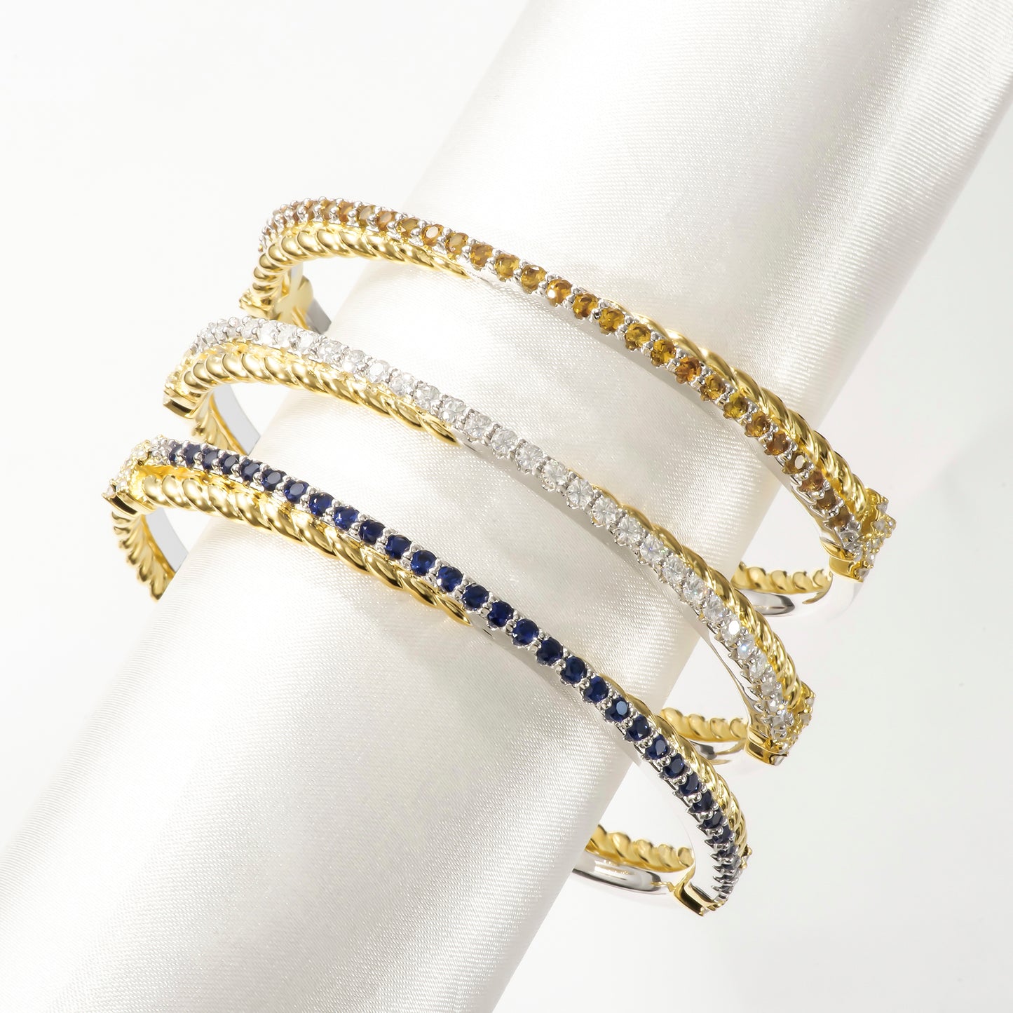 22K Yellow Gold Plated Sliver And Sapphire Cable Crossover Open Bracelet